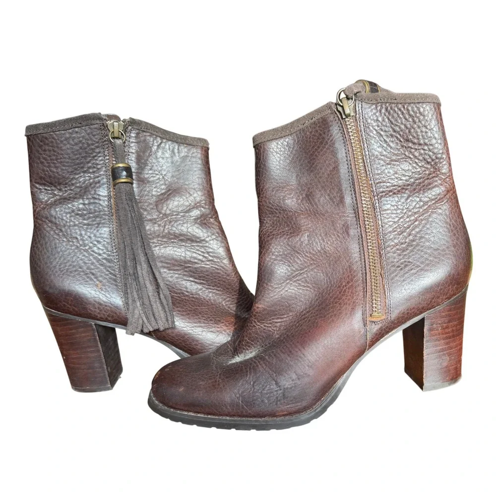 Lauren Ralph Lauren Womens‎ Brown Pebbled Leather Tassel Ankle Boots Size 8.5B